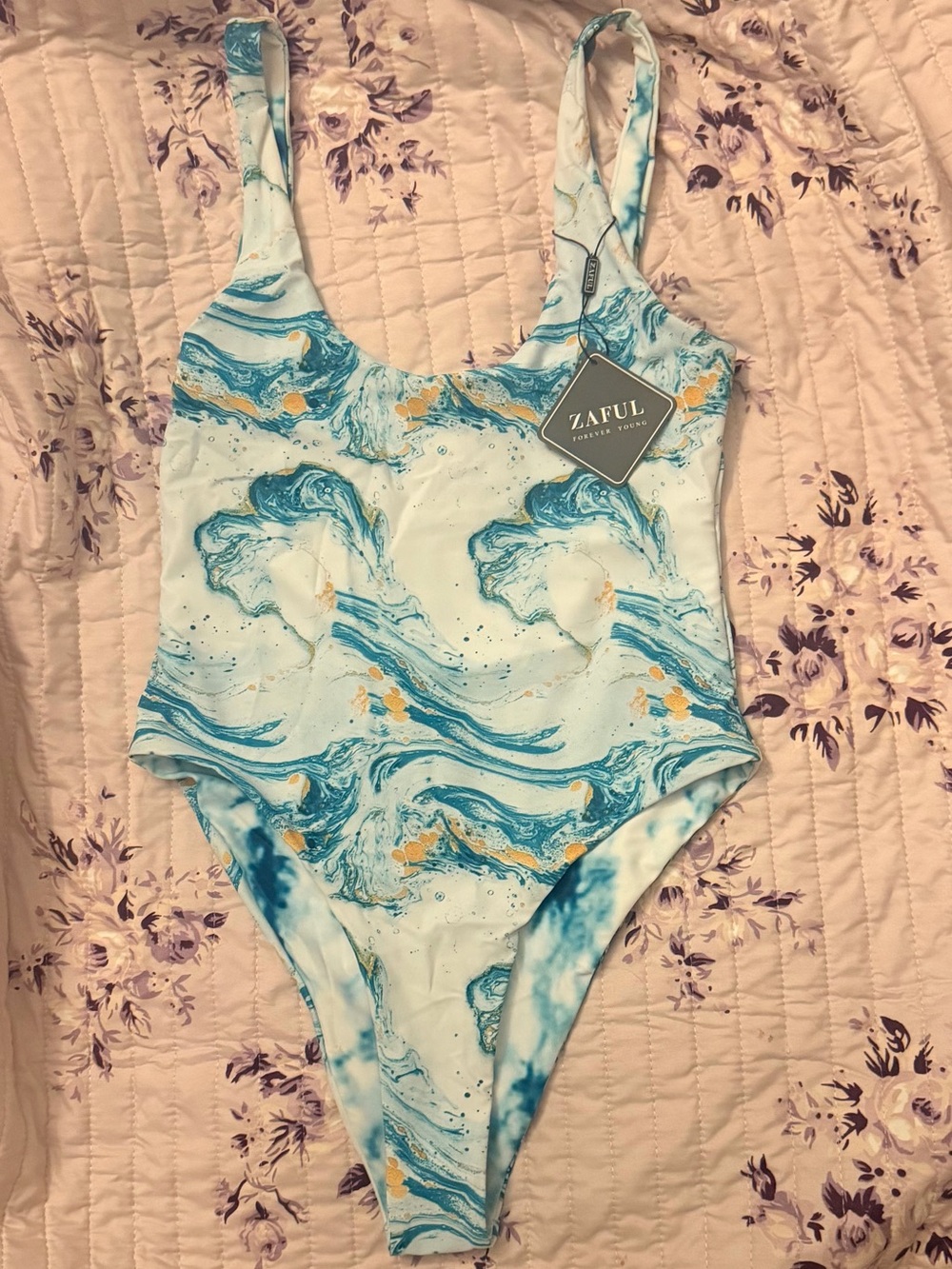Zaful Teal and White Marble One-Piece Swimsuit